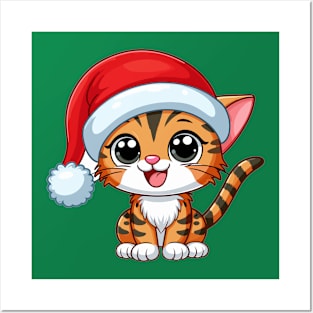 Bengal Cat Wearing Santa Hat Smiling Merry Christmas Posters and Art